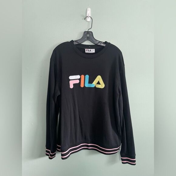Y2K FILA MULTICOLOR PATCH LOGO BLACK CREWNECK SWEATER WOMENS 2XL - Picture 1 of 7